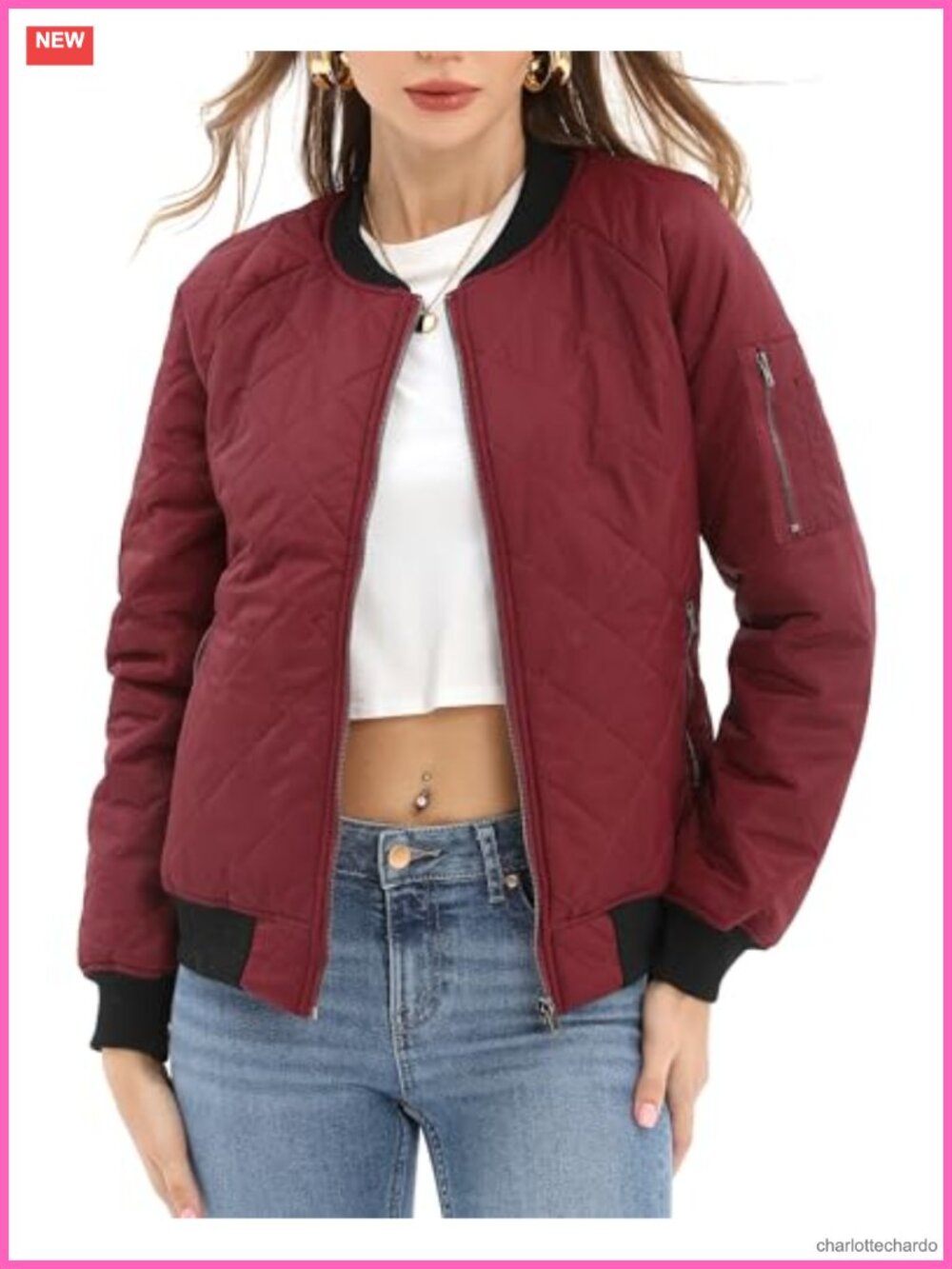 Quilted Lightweight Bomber Jacket with 5 Pockets